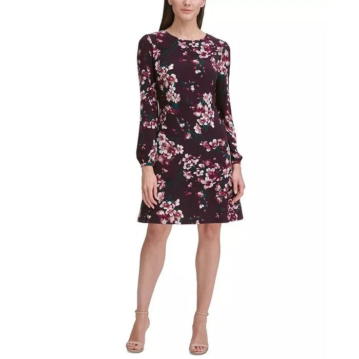 Women's Casual Henley Dresses-Tommy Hilfiger Women's Floral Jersey A Line Dress Purple Size 12