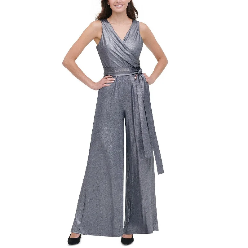 Women's Casual Maxi Solid Color Dresses-Tommy Hilfiger Women's Metallic Jersey Jumpsuit Silver Size 18