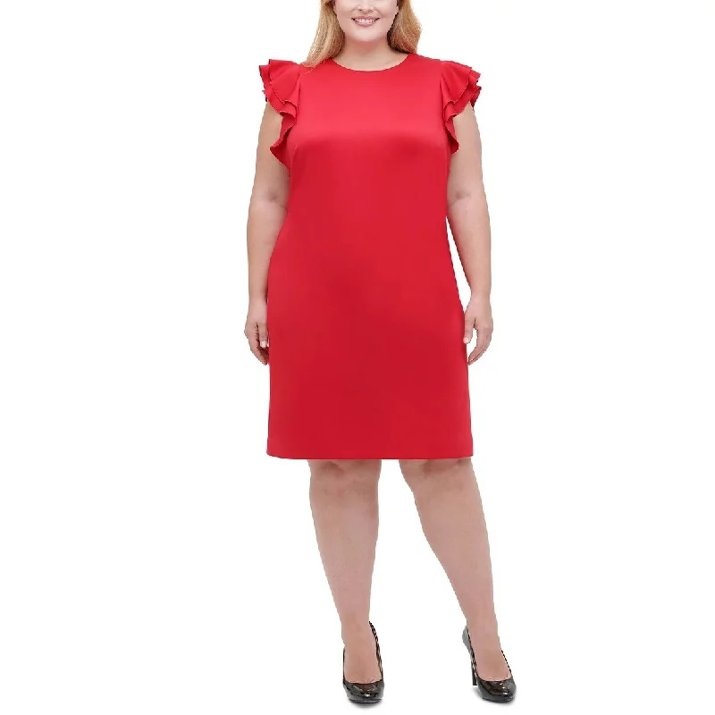 Women's Casual High-Low Dresses-Tommy Hilfiger Women's Plus Size Sheath Flutter Sleeve Dress Red Size 18W