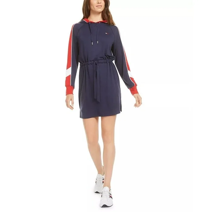 Women's Casual Dolman Sleeve Dresses-Tommy Hilfiger Women's Sport Hooded Drawstring-Waist Dress Navy Size L - Large