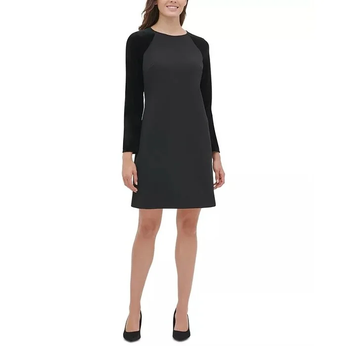 Women's Casual Fitted Dresses-Tommy Hilfiger Women's Velvet-Sleeve A-Line Dress Black Size 10