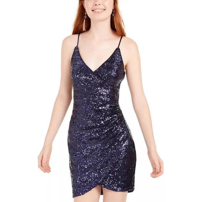 Women's Casual Vintage Dresses-Trixxi Junior's Surplice Sequined Dress Navy Size 1