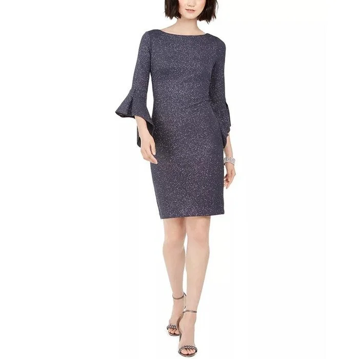 Women's Casual Bodycon Dresses-Vince Camuto Women's Metallic Bell-Sleeve Sheath Dress Gray Size 14