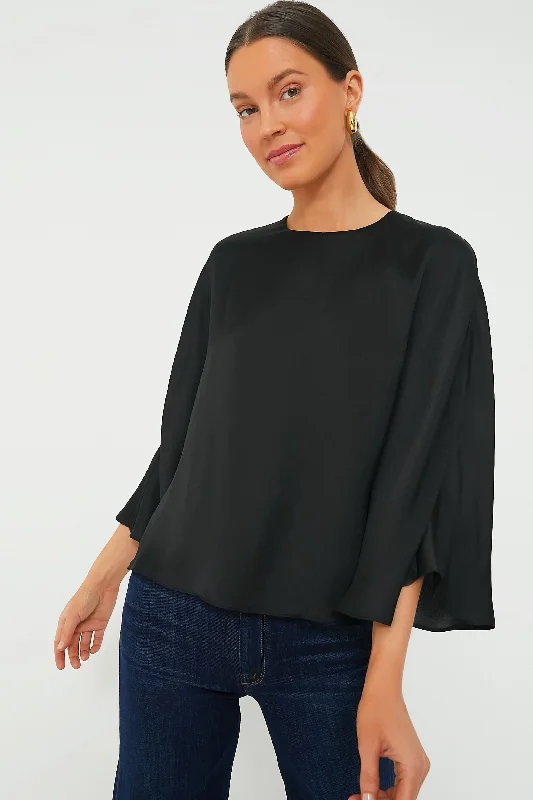 Black Satin Twill Selma Cape Blouse