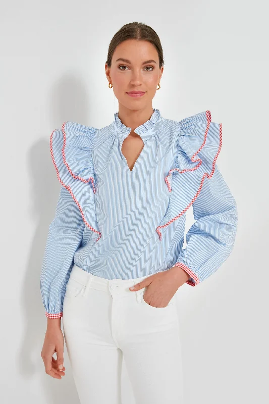 Blue Stripe Gingham Ruffle Holly Blouse