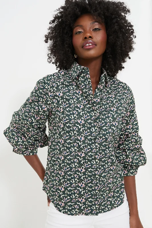 Green Floral Ruffle Sleeve Button Down Noah Blouse