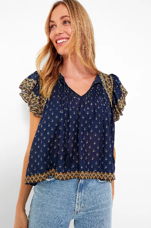 Navy Arlita Print Flutter Sleeve Top