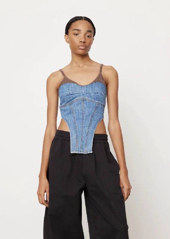 Women's Vintage T-Shirts-Chuko Knit Combo Denim Bustier