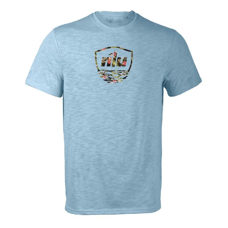 Women's Frayed Hem T-Shirts-Nest T-Shirt by Levelwear | Light Blue w/ Floral Nest Logo