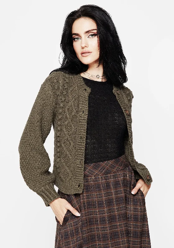 Women's Fleece Cardigans-Nerthus Pom Pom Cable Knit Cardigan