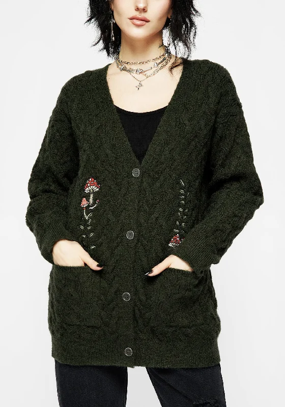 Women's Loose Fit Cardigans-Seelie Embroidered Cable Knit Cardigan