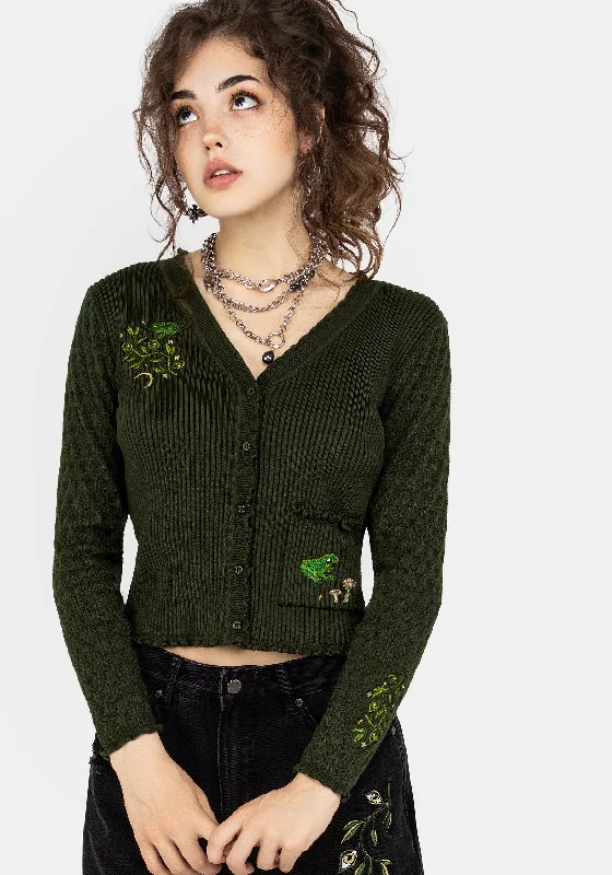 Women's Fleece Pleated Cardigans-Swamplife Embroidered Pointelle Knit Crop Cardigan