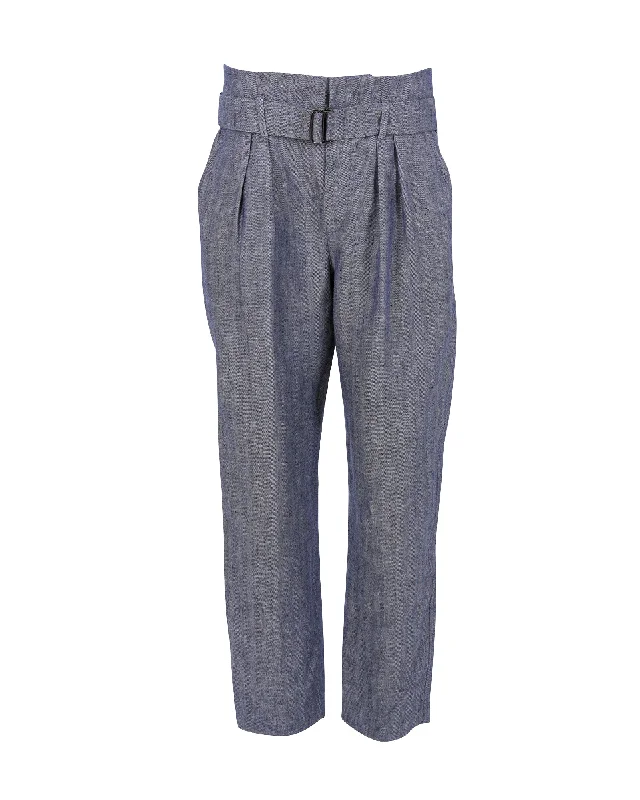 Women's Loose Fit Pants-Brunello Cucinelli Belted Pleated Trousers in Blue and White Hemp Linen