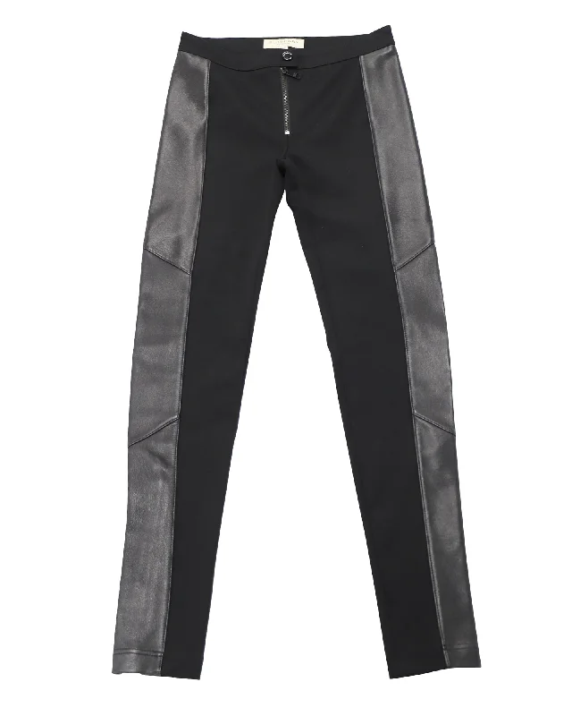 Women's Fleece Pants-Burberry Leggings with Leather Side Panel in Black Viscose