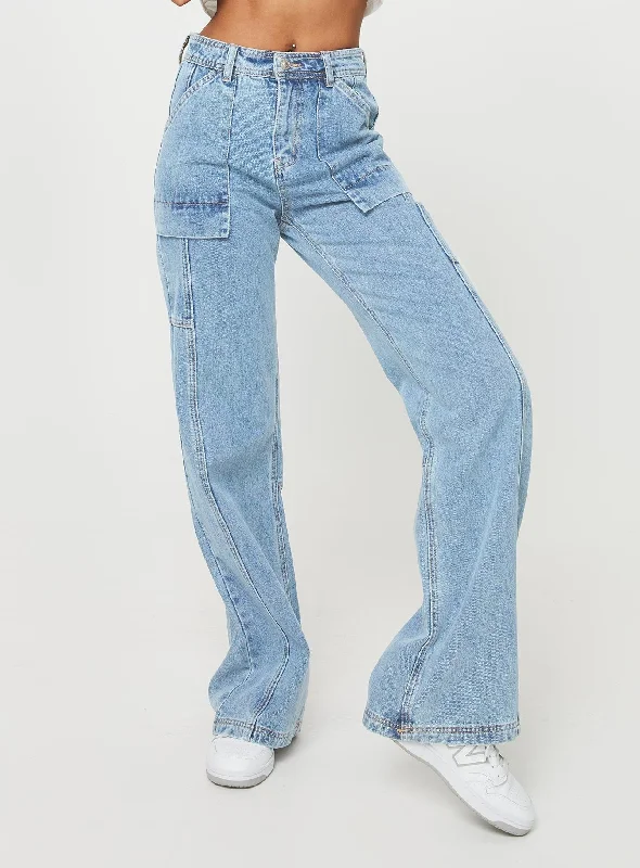 Women's Ripped Pants-Chad Cargo Jeans Mid Wash Denim