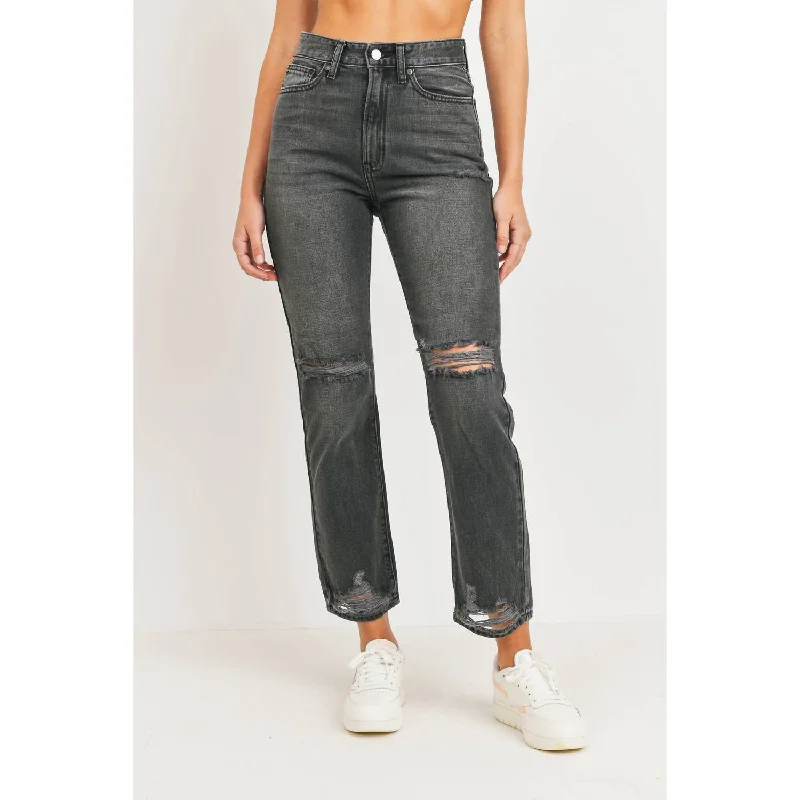 Women's Pleated Pants-Distressed Loose Straight Jean In Black