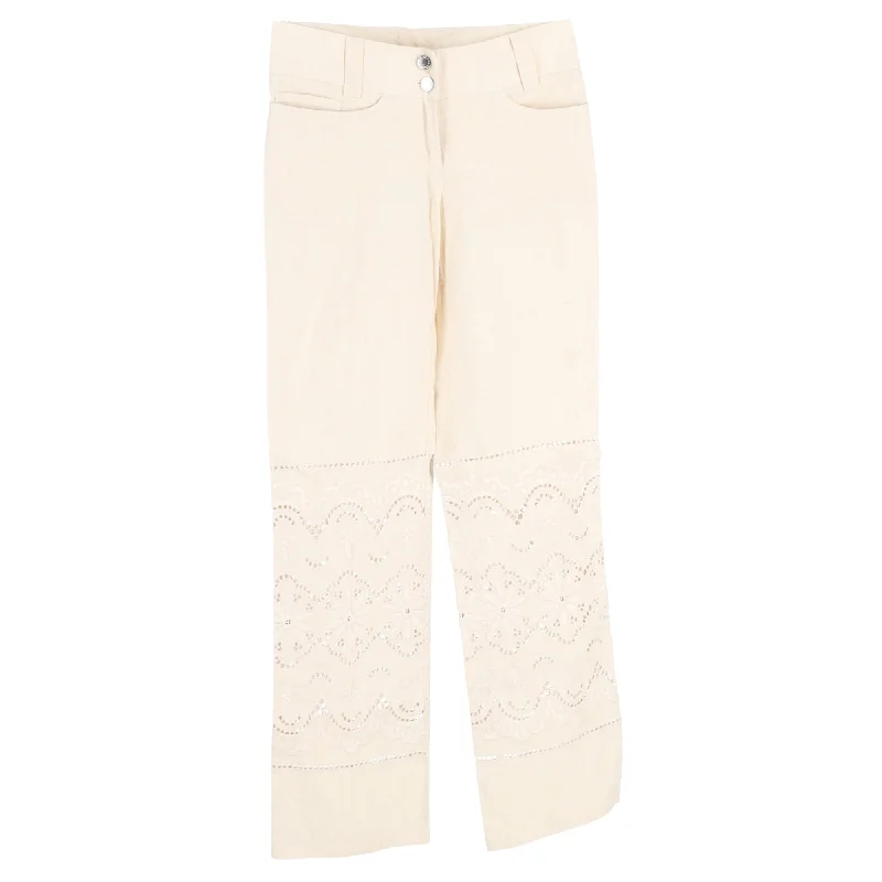 Women's Ankle Pants-Dolce & Gabbana Lace Cutout Flower Trousers in White Linen