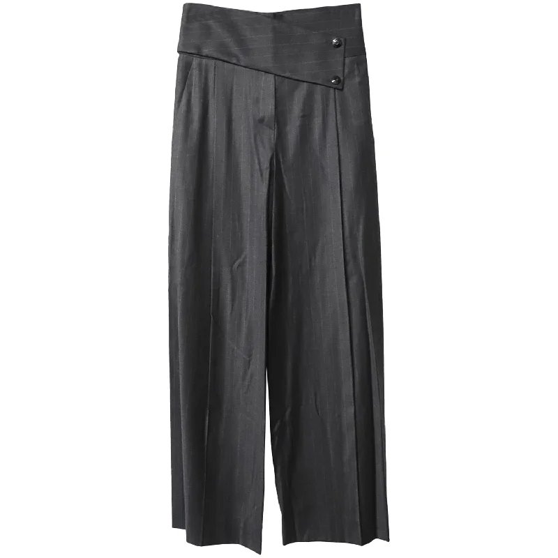 Women's Formal Pants-Emporio Armani Buttoned Asymmetric Waistband Wide Leg Trousers in Black Cotton