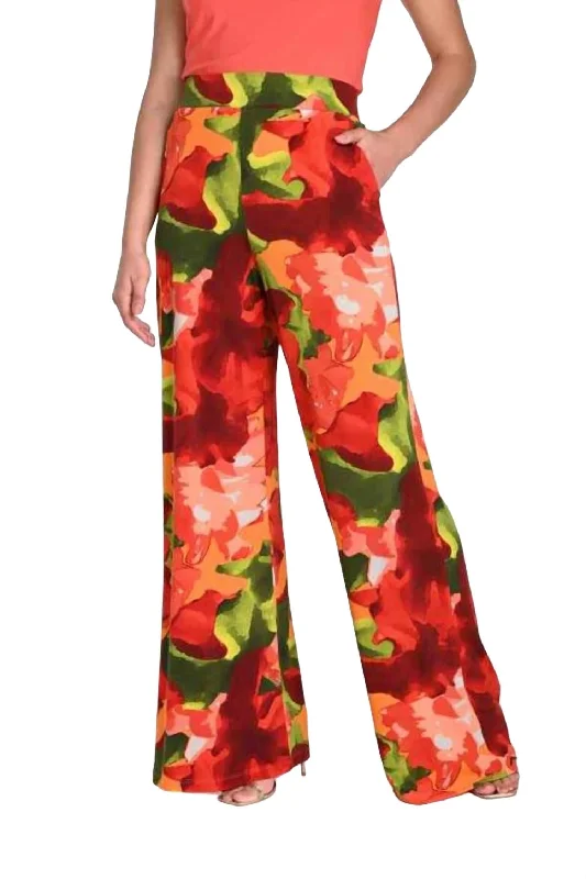 Women's Pull-On Pants-Floral Knit Pant In Red/green