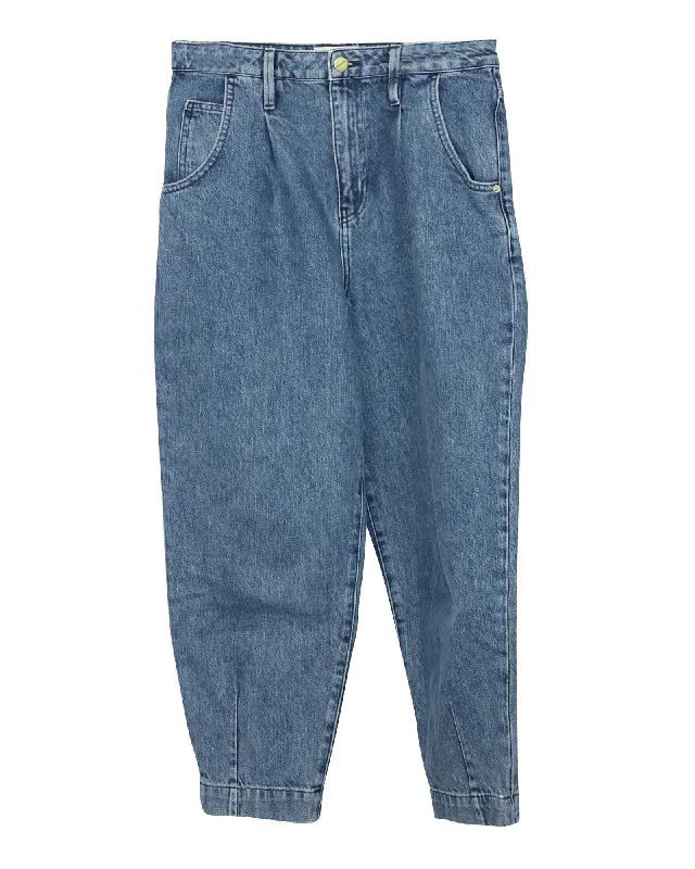 Women's Silk Pants-Frame Pleated Barrel Leg Jeans in Blue Cotton Denim