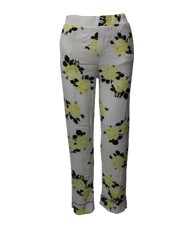 Women's Linen Pants-Ganni Floral Print Elastic Waist Trousers in White Viscose