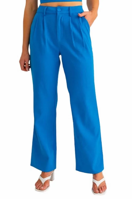 Women's Double Stripe Pants-High Waisted Wide Leg Pleated Pants In Blue