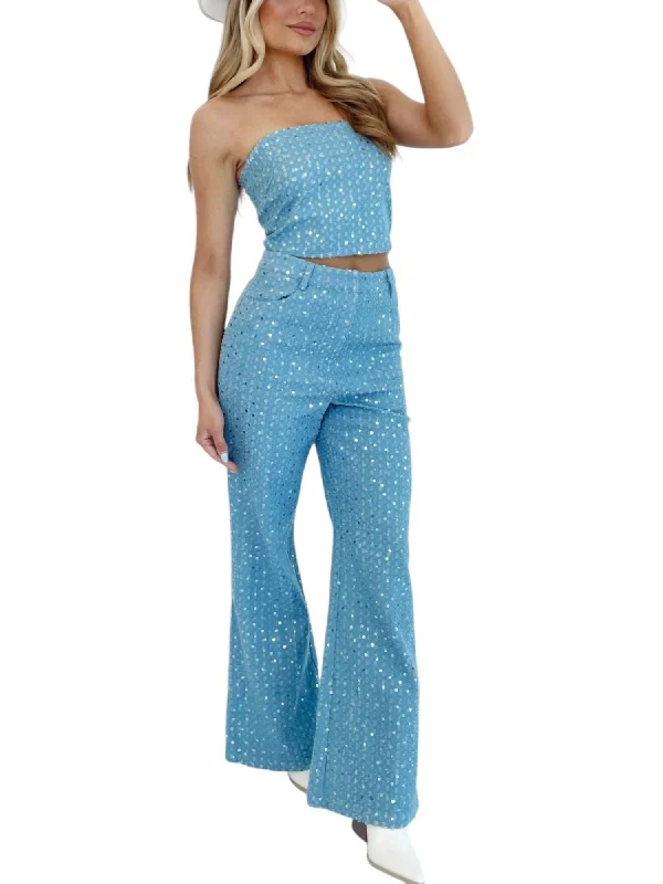 Women's Culotte Pants-High Waisted Wide Reg Sequin Pants In Light Blue