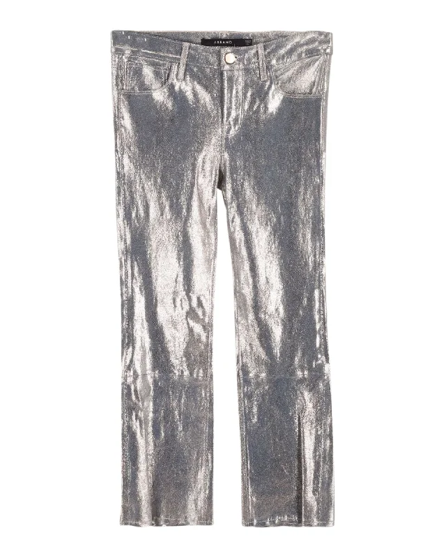 Women's Faux Leather Pants-J Brand  Selena Snake-Effect Cropped Boot Trousers in Gold Lambskin Leather