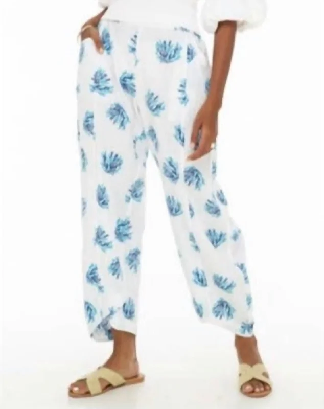 Women's Stretch Pants-Linen Blend Coral Print Pants In White & Blue Coral