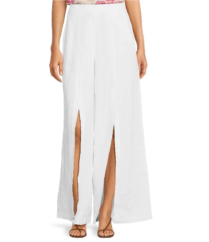 Women's Midi Pants-Linen Front Slit Pant In White