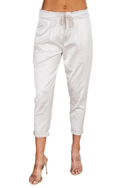 Women's Color Block Pants-Metallic Sheen Elastic Pant In Ivory