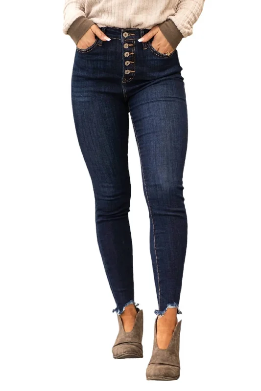 Women's Polka Dot Pants-Mindy Hi Rise Button Skinny Jean In Dark Wash