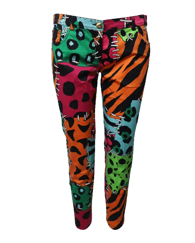 Women's Printed Leggings-Moschino Illustrated Patchwork Printed Trousers in Multicolor Print Cotton