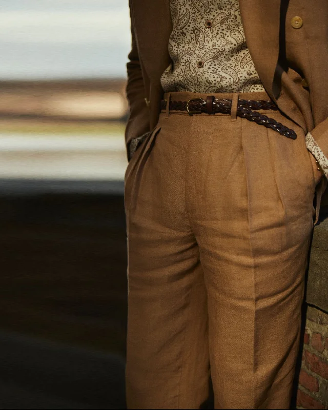 Women's Textured Pants-Pleated Golden Brown Linen Dress Pant