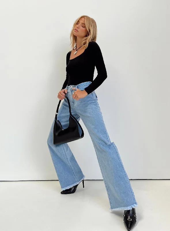 Women's Herringbone Pants-Rebekah Wide Leg Jeans Mid Wash Denim