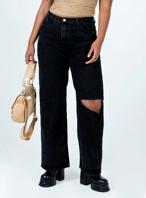 Women's Belted Pants-Sevina Wide Leg Denim Jeans Black