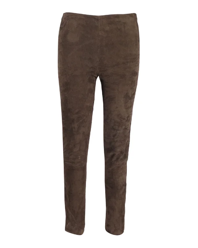 Women's Flare Leg Pants-The Row Slim Fit Leggings in Khaki Green Lambskin