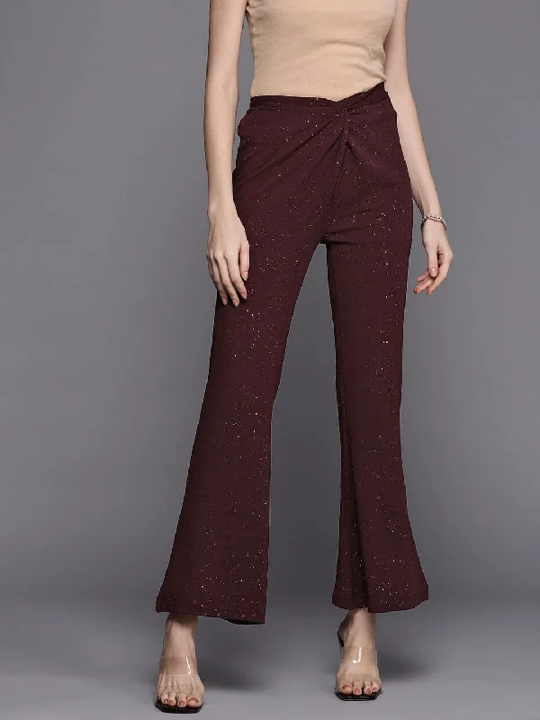 Women's Jewel Tone Pants-Women Burgundy Shimmer Twisted Bellbottom Pants