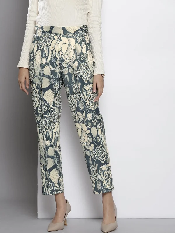 Women's Linen Pants-Women Grey Floral Scuba Straight Pants