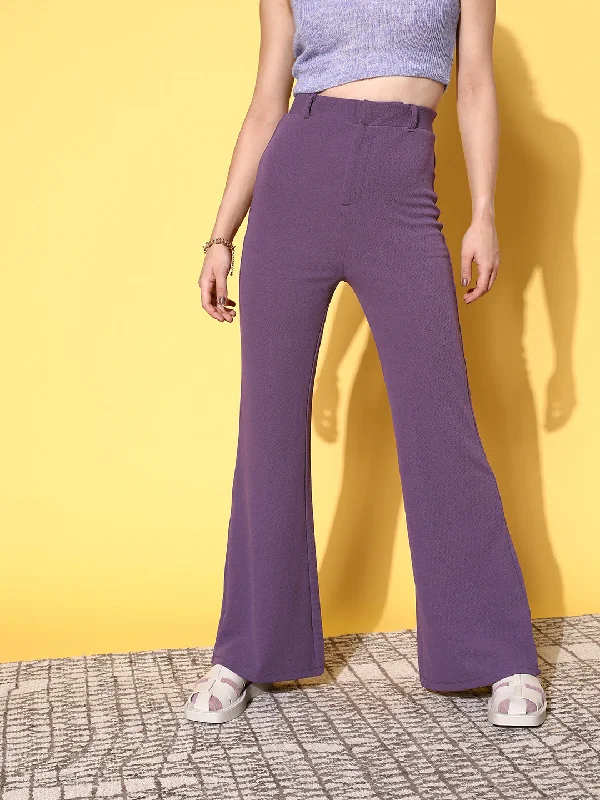 Women's Double Stripe Pants-Women Lavender Bell Bottom Knitted Pants