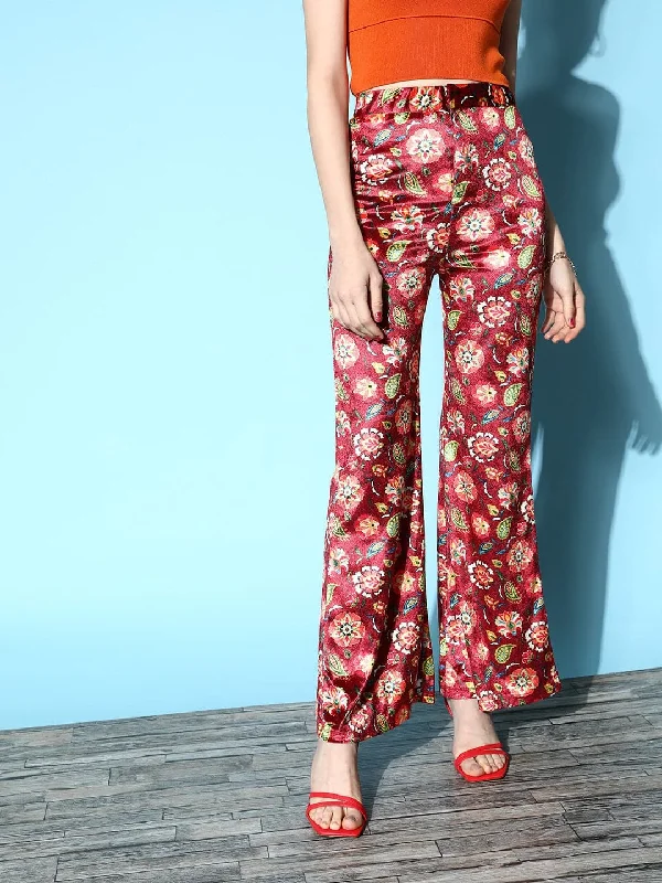 Women's Festival Pants-Women Maroon Floral Velvet Bell Bottom Pants