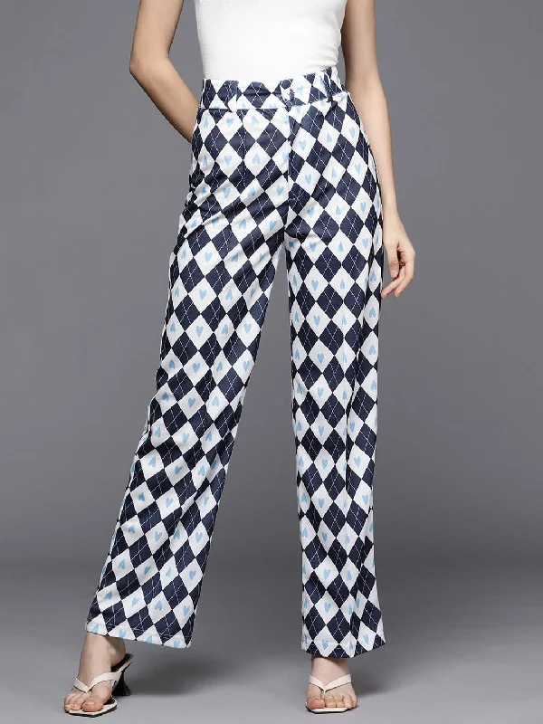 Women's Front Zip Pants-Women Navy Geometric Print Straight Pants