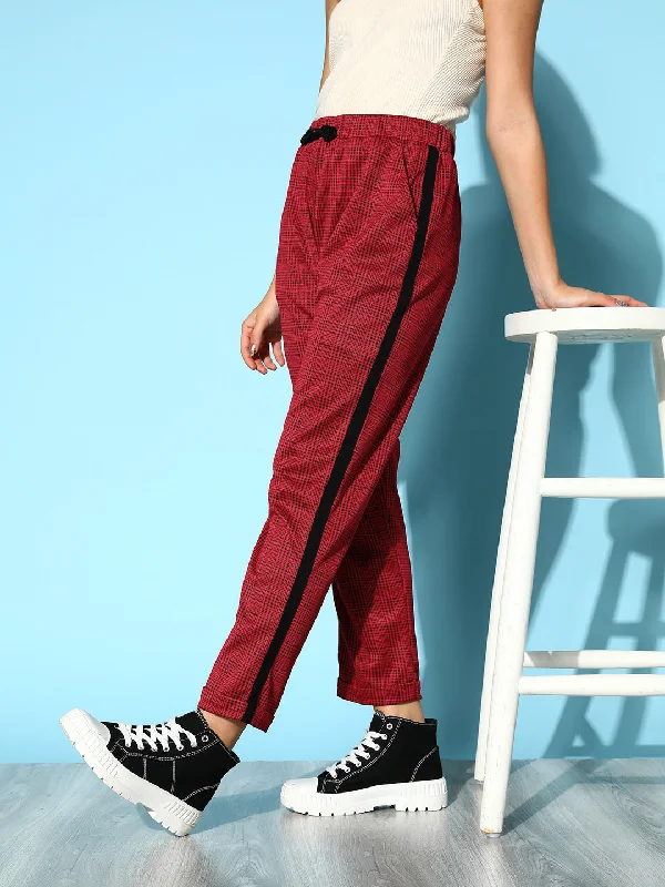 Women's Casual Leggings-Women Red Check Side Tape Jacquard Pants