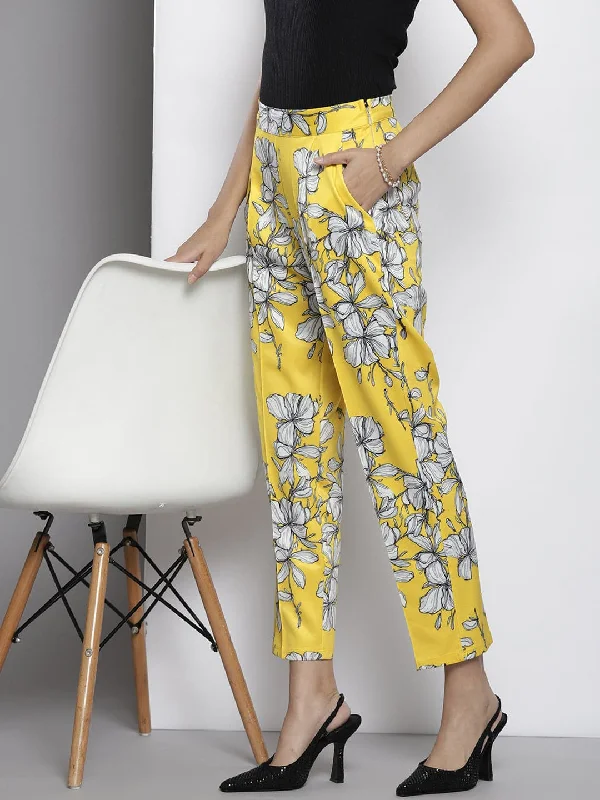 Women's Leggings Pants-Women Yellow Floral Scuba Straight Pants