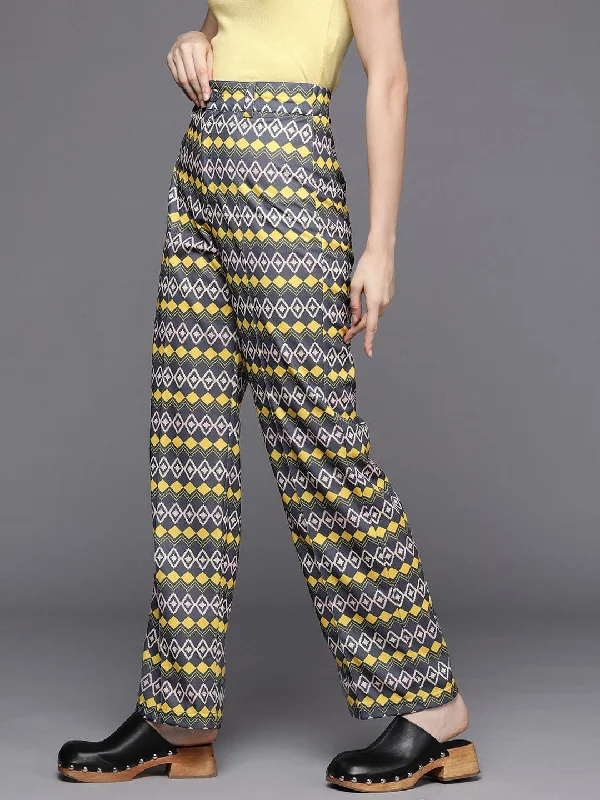 Women's Glitter Pants-Women Yellow Geometric Print Straight Pants