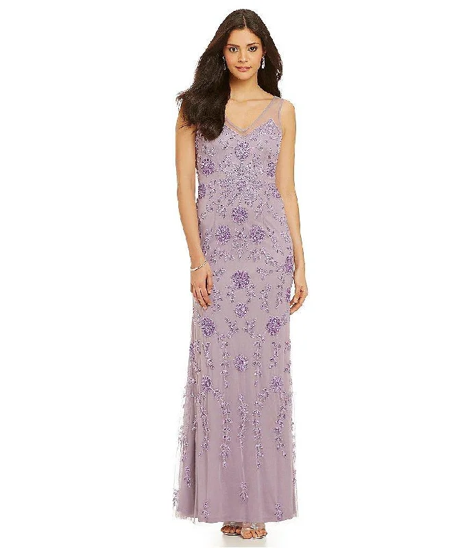 Women's Purple Evening Dresses-Adrianna Papell - Illusion V-Neckline Long Dress 91884420