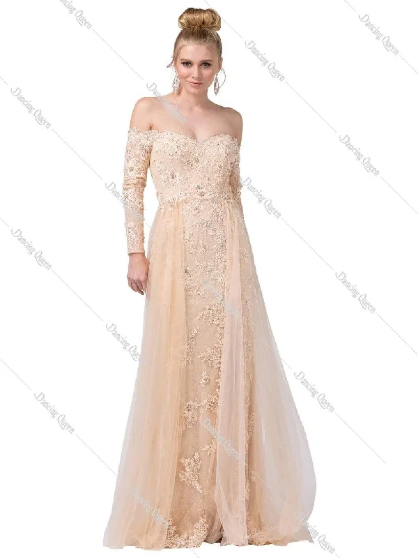 Women's Rose Gold Evening Dresses-Dancing Queen - 2566 Long Sleeve Appliqued Lace Overskirt Gown