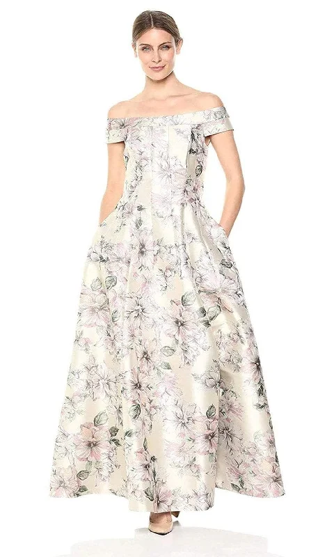 Women's Ruched Evening Gowns-Eliza J Evening - EJ8M8107 Floral Printed Off-Shoulder A-line Dress