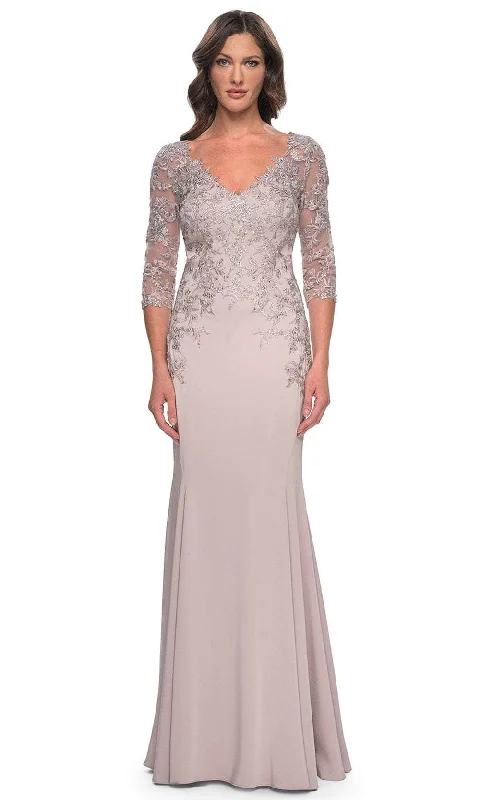 Women's Purple Evening Gowns-La Femme 31194 - Lace Applique Quarter Sleeve Evening Gown