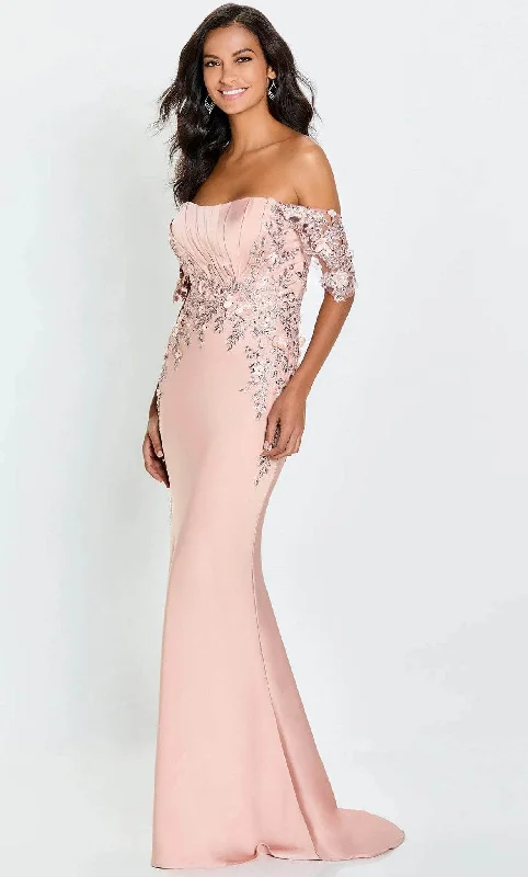 Women's Pink Evening Dresses-Montage by Mon Cheri M521 - Floral Embroidered Off-Shoulder Formal Gown